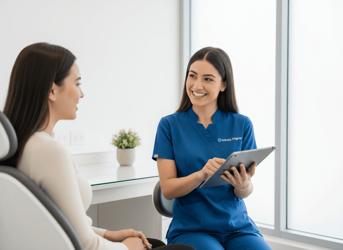 Dentist consulting patient about Infinity Aligner treatment